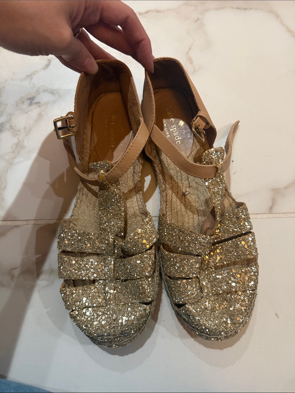 kate spade Gold Glitter Woven T-Strap Sandals